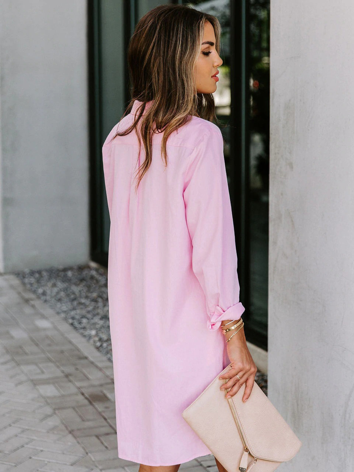 Button Up Collared Neck Long Sleeve Shirt Dress