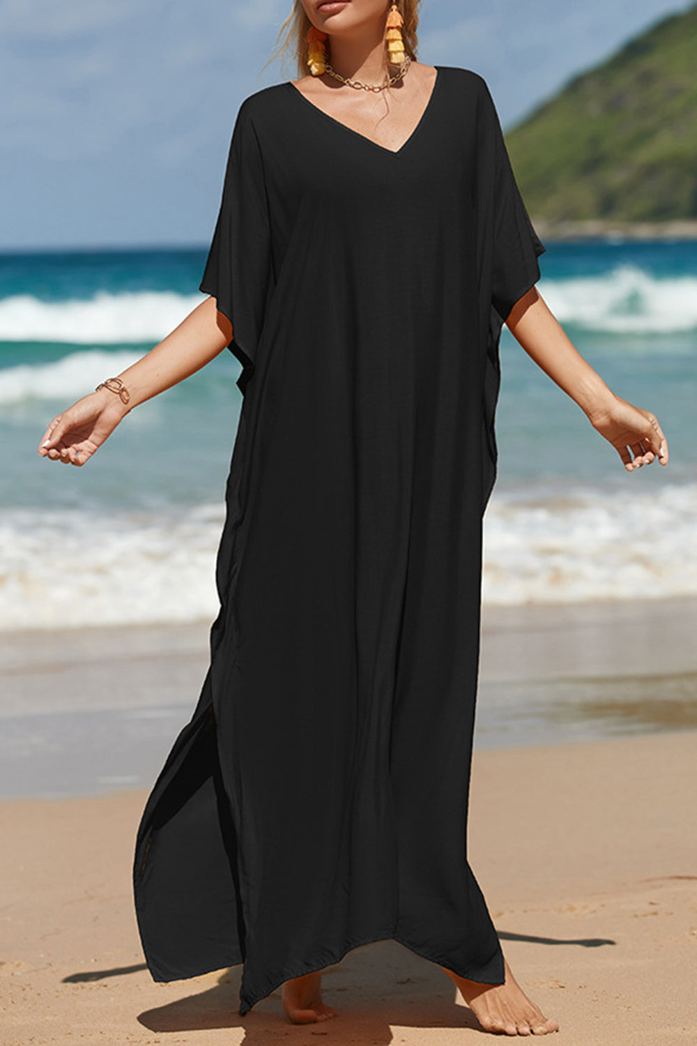 Slit V-Neck Half Sleeve Cover-Up