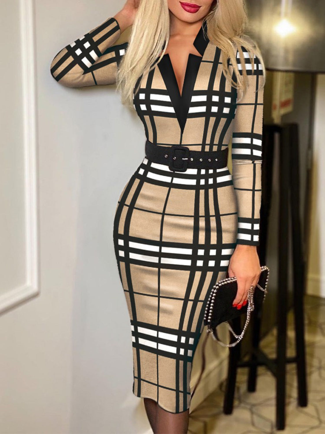 Printed Notched Long Sleeve Wrap Dress