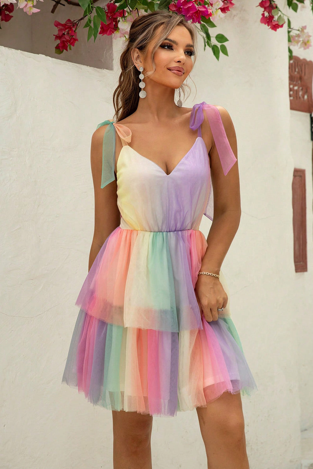 Gradient Tie-Shoulder Layered Dress