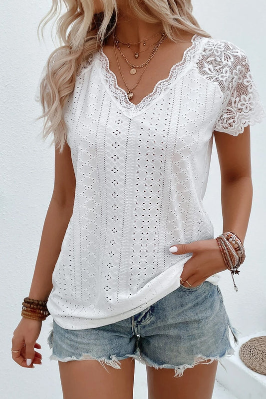 Eyelet Lace Detail V-Neck T-Shirt