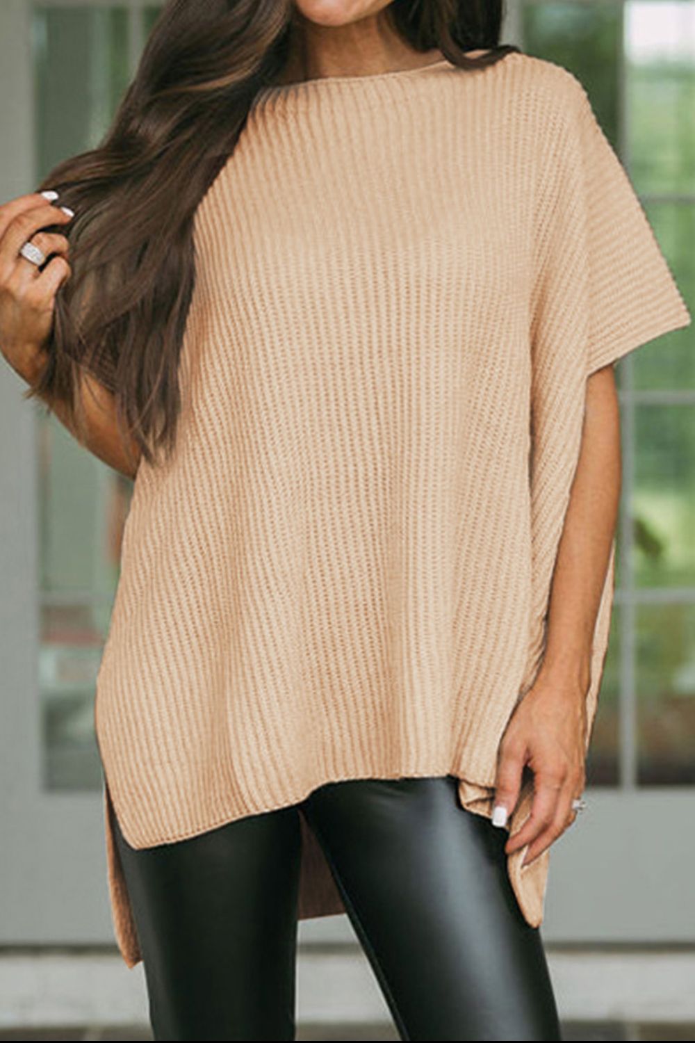 Waffle-Knit Slit Short Sleeve Sweater