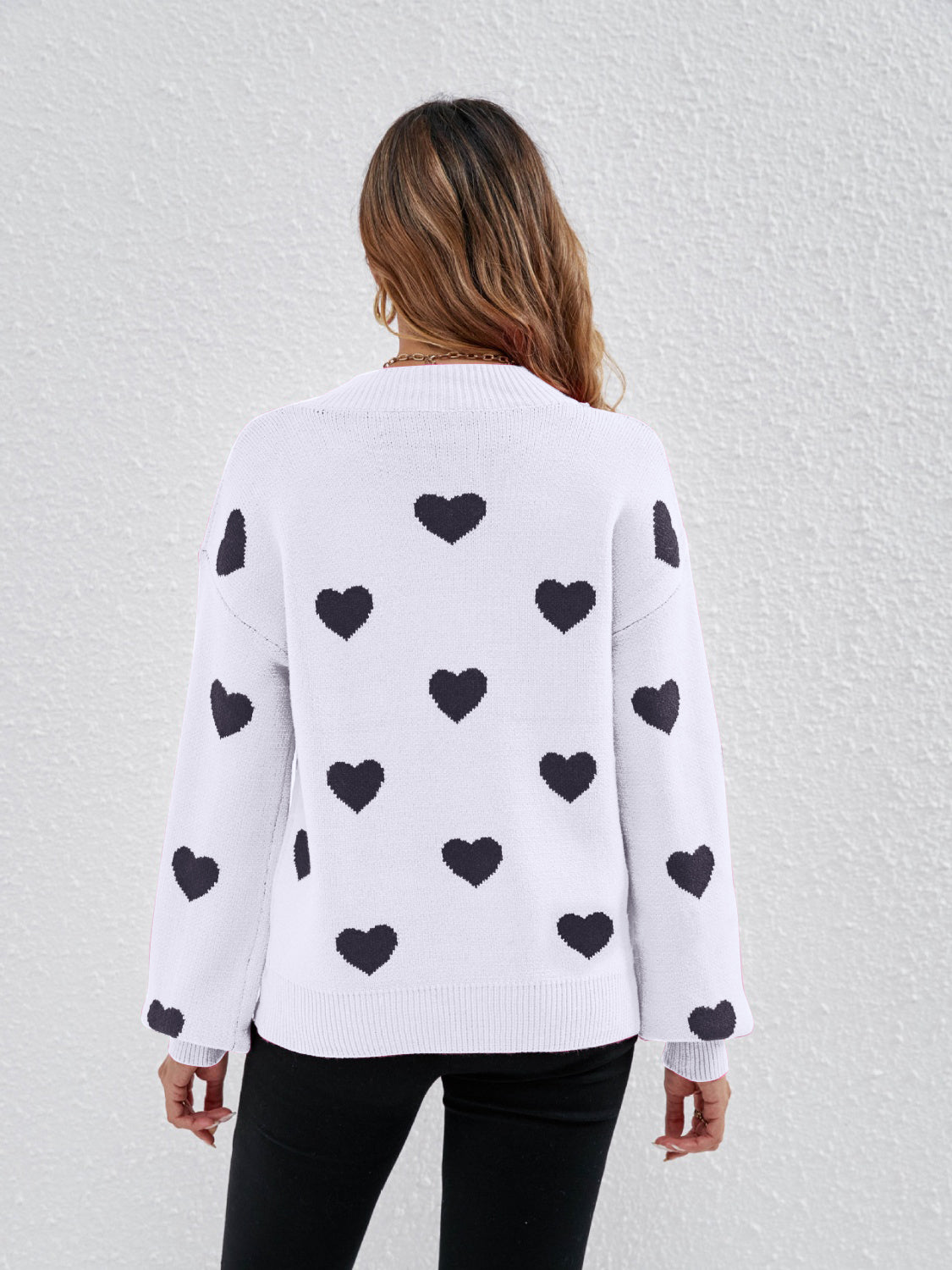 Heart Round Neck Dropped Shoulder Sweater