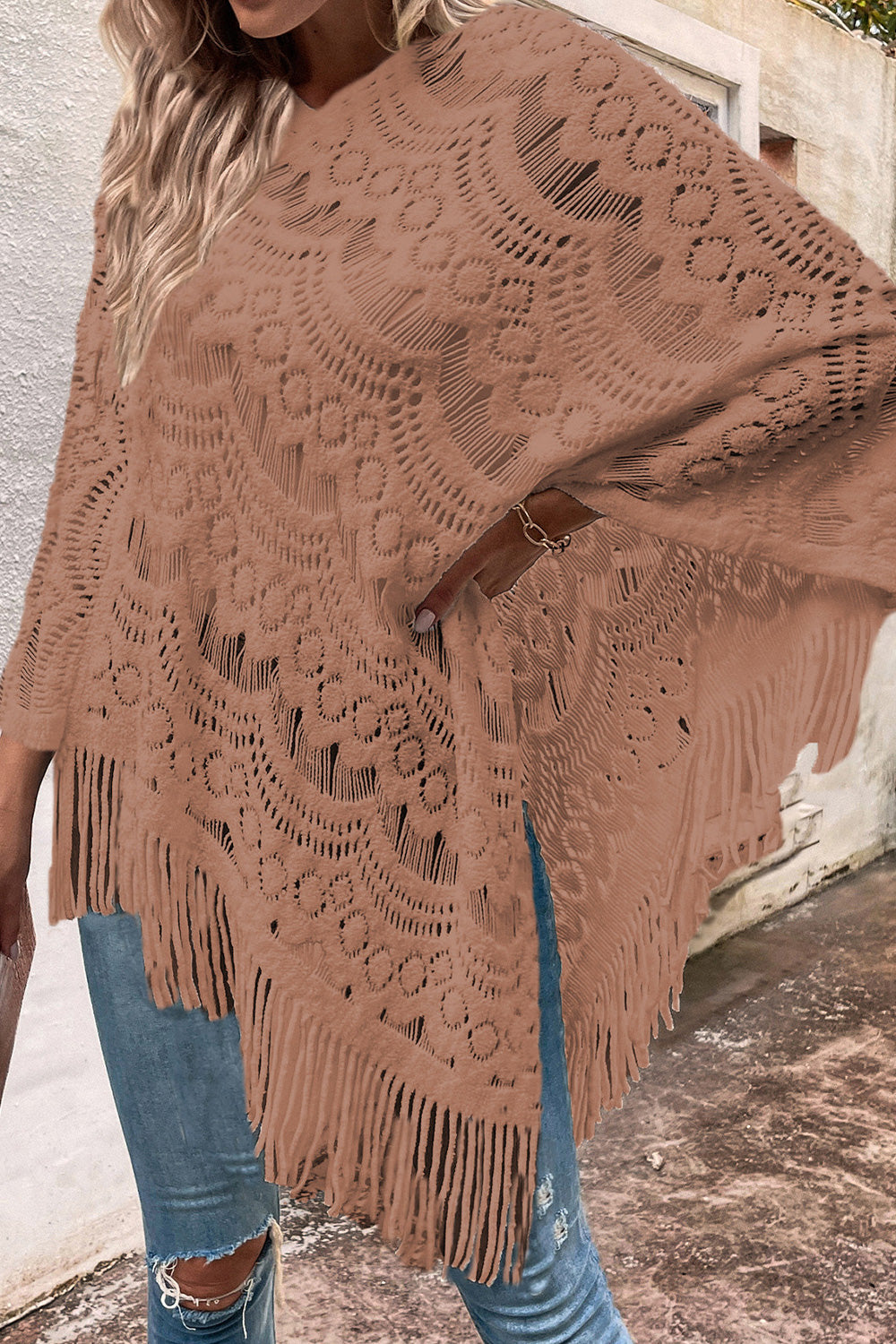 Openwork Fringe Detail Poncho