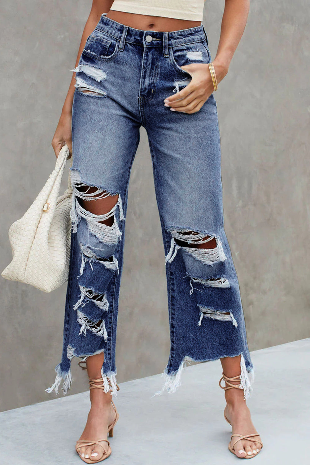 Distressed Raw Hem Jeans with Pockets