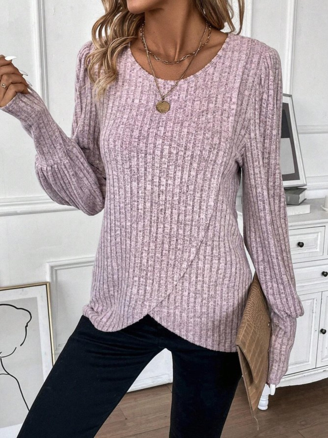 Ribbed Round Neck Long Sleeve Knit Top