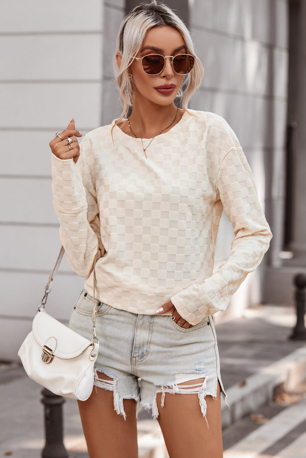 Checkered Round Neck Long Sleeve T-Shirt