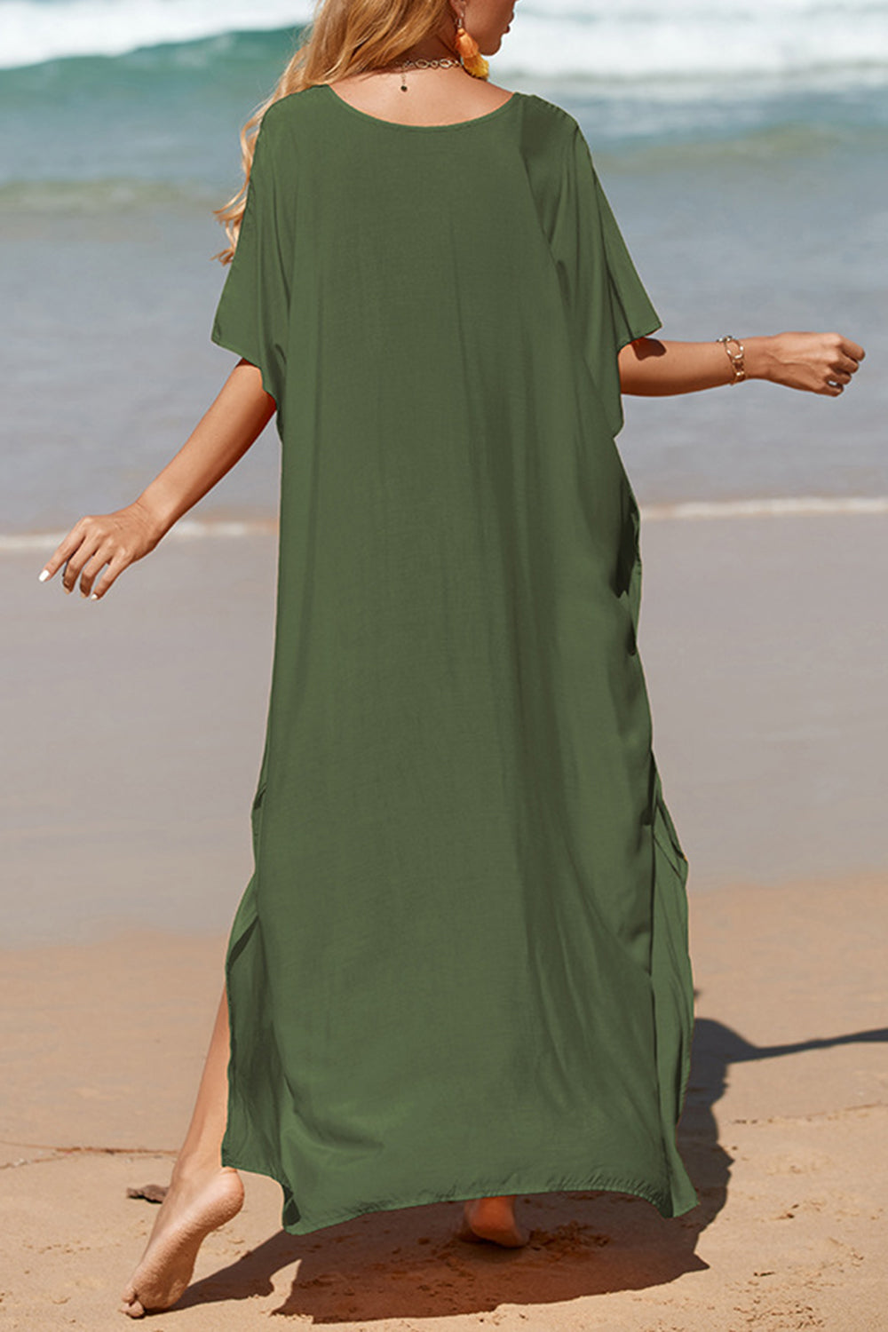 Slit V-Neck Half Sleeve Cover-Up