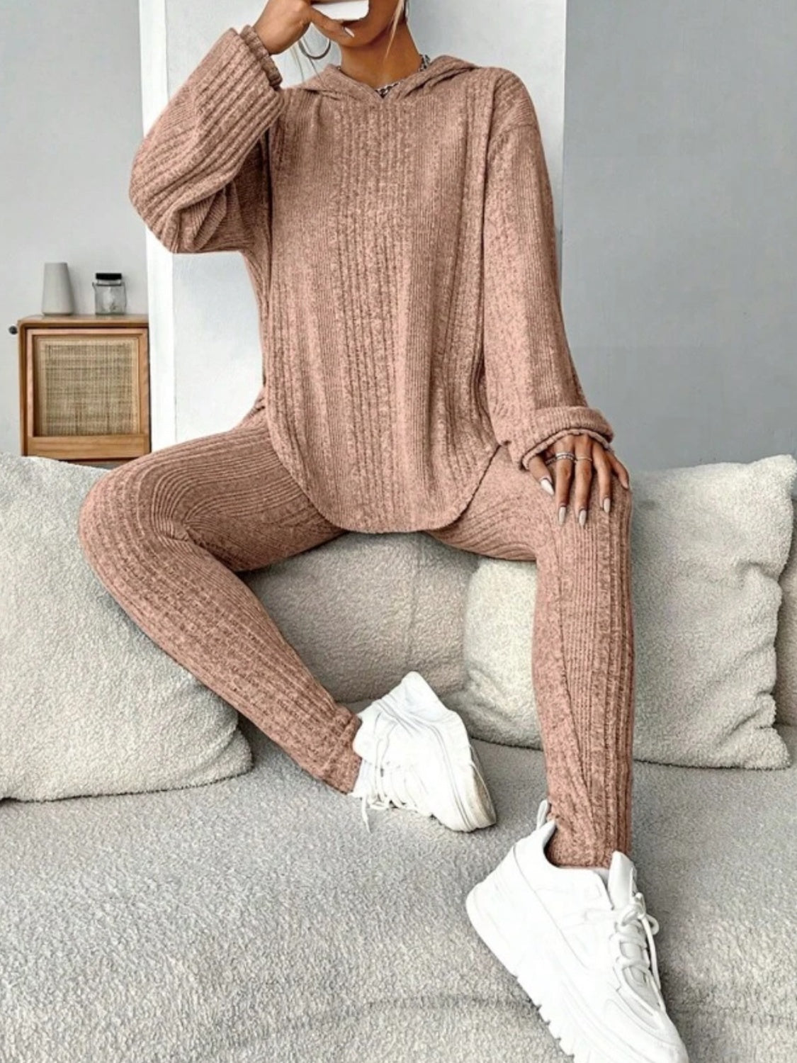 Round Neck Dropped Shoulder Hoodie and Pants Set