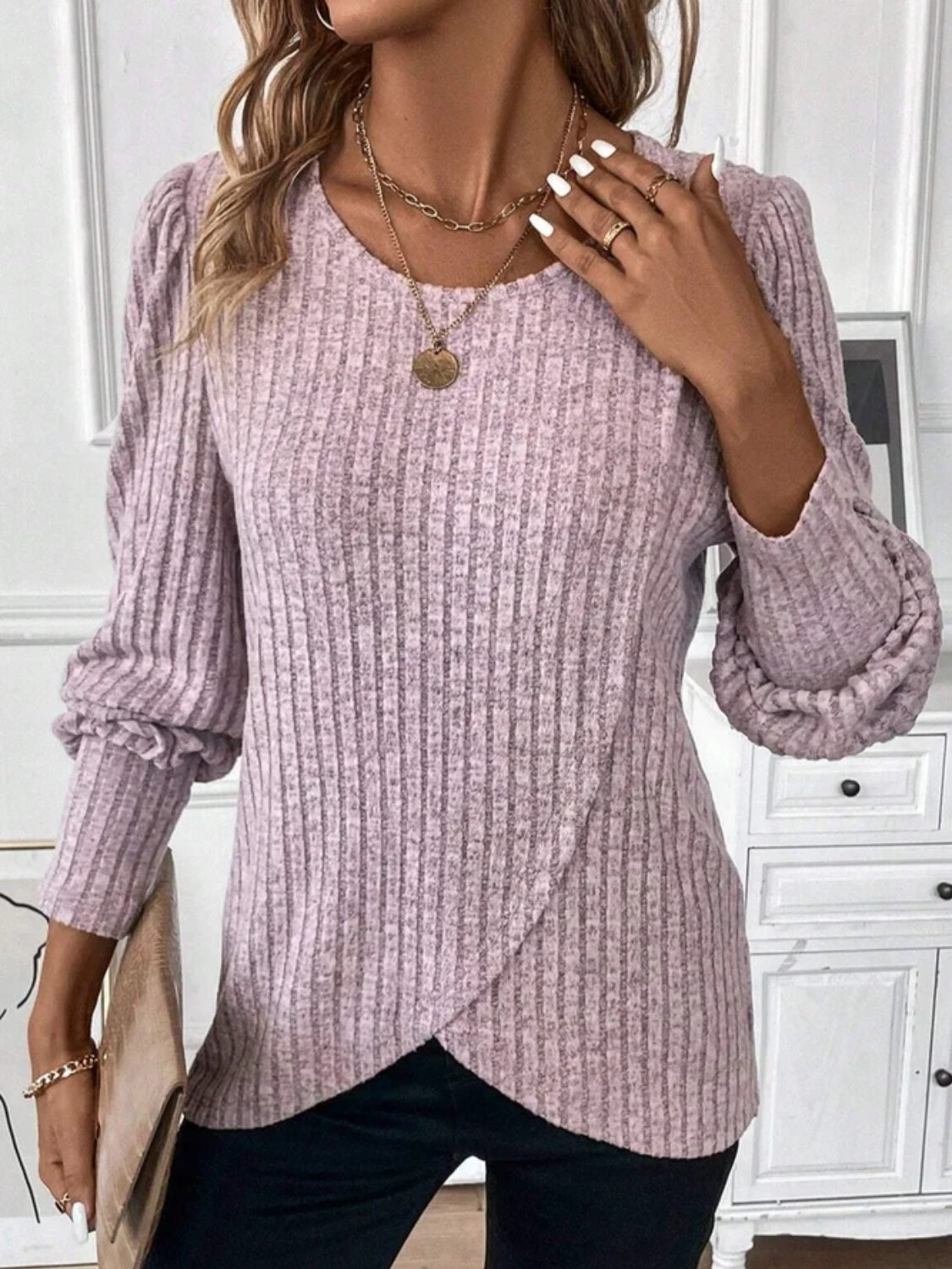 Ribbed Round Neck Long Sleeve Knit Top