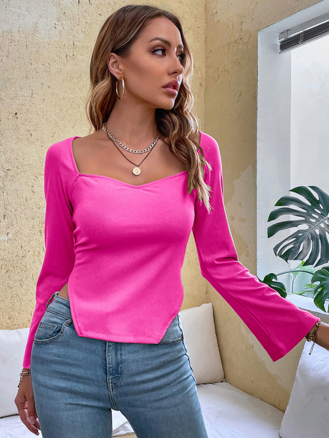 Slit Sweetheart Neck Flare Sleeve T-Shirt