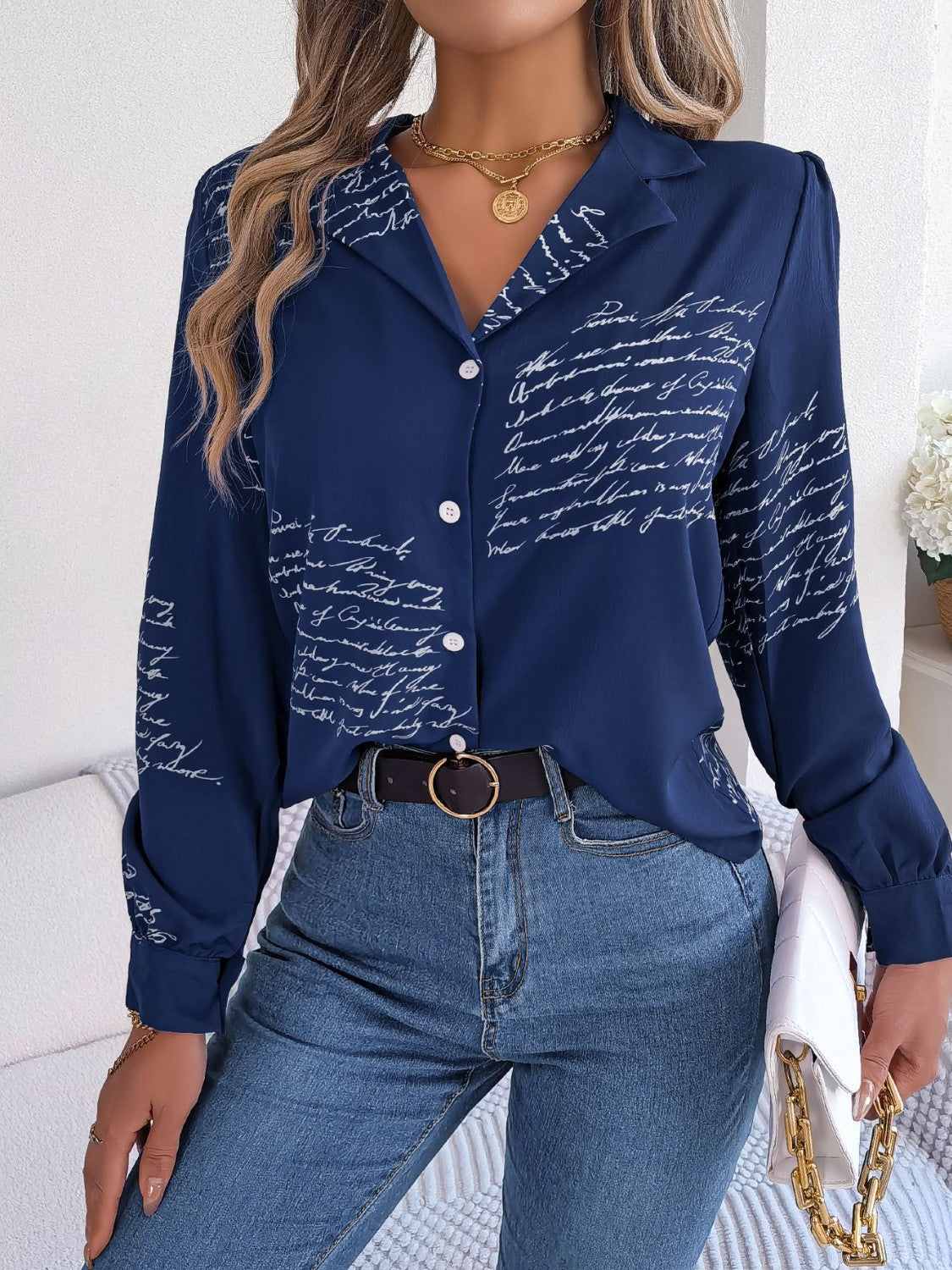 Letter Printed Button Up Long Sleeve Blouse