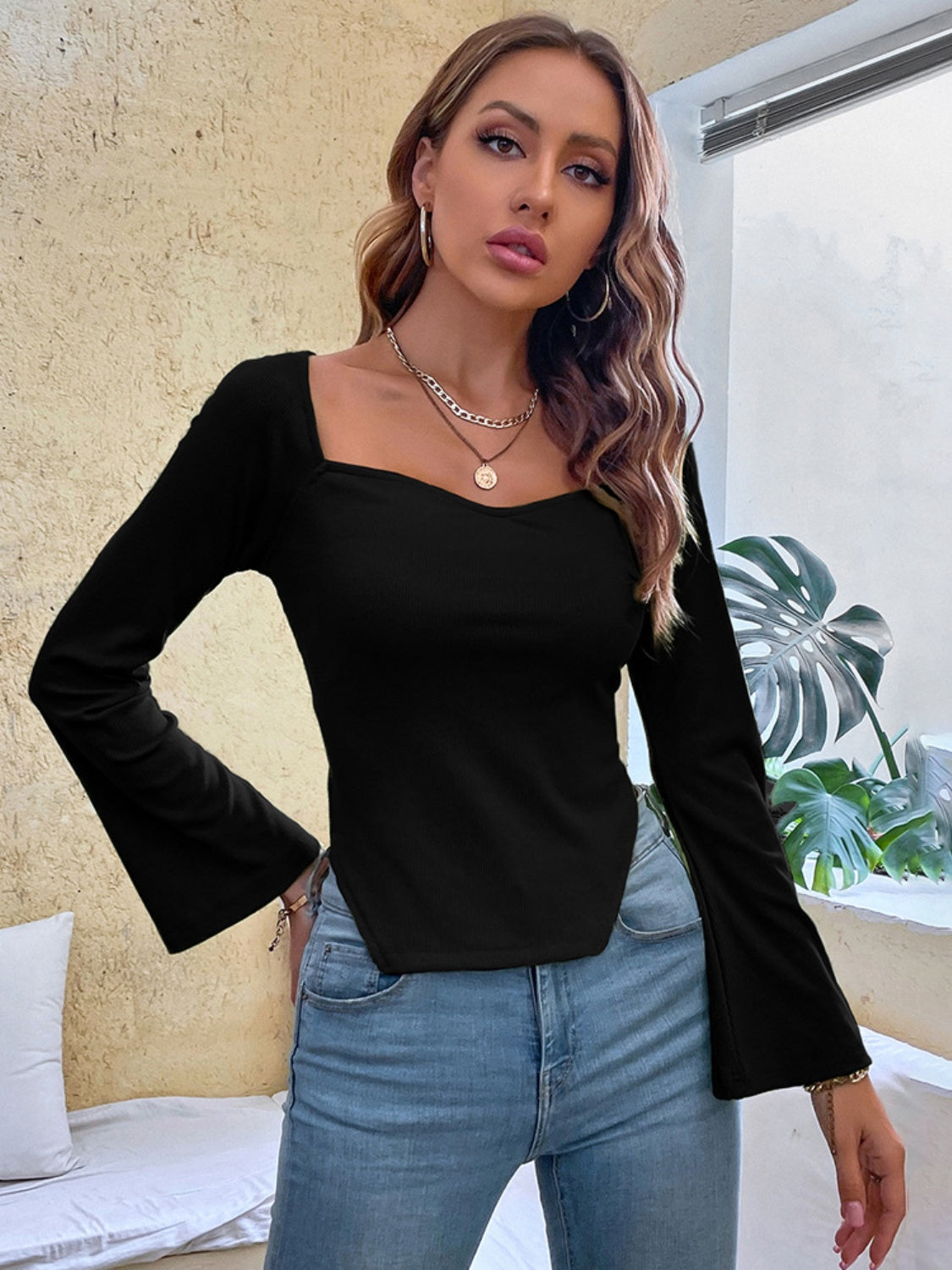 Slit Sweetheart Neck Flare Sleeve T-Shirt